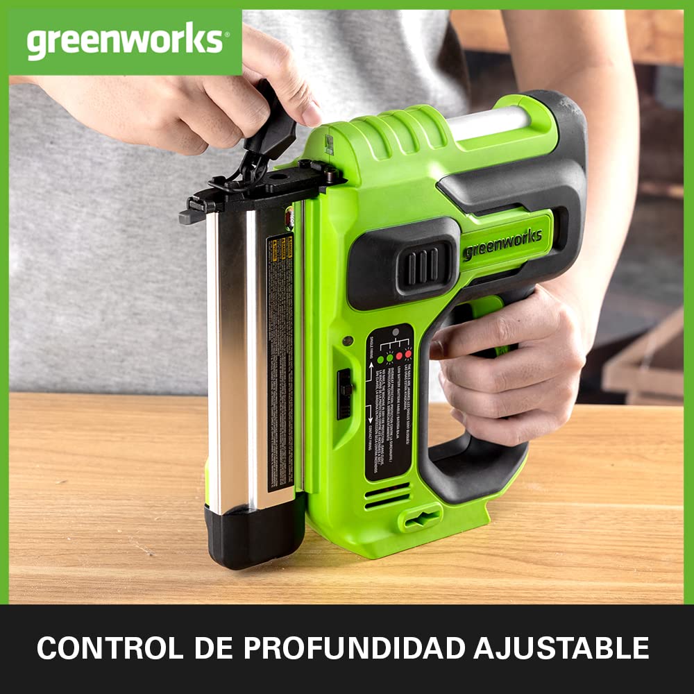 Greenworks GD24BN Clavadora a batería, Capacidad de 110 clavos, 110pcs/min para Clavos de 20-50mm 18GA SIN Batería de 24V y Cargador, Garantía de 3 Años