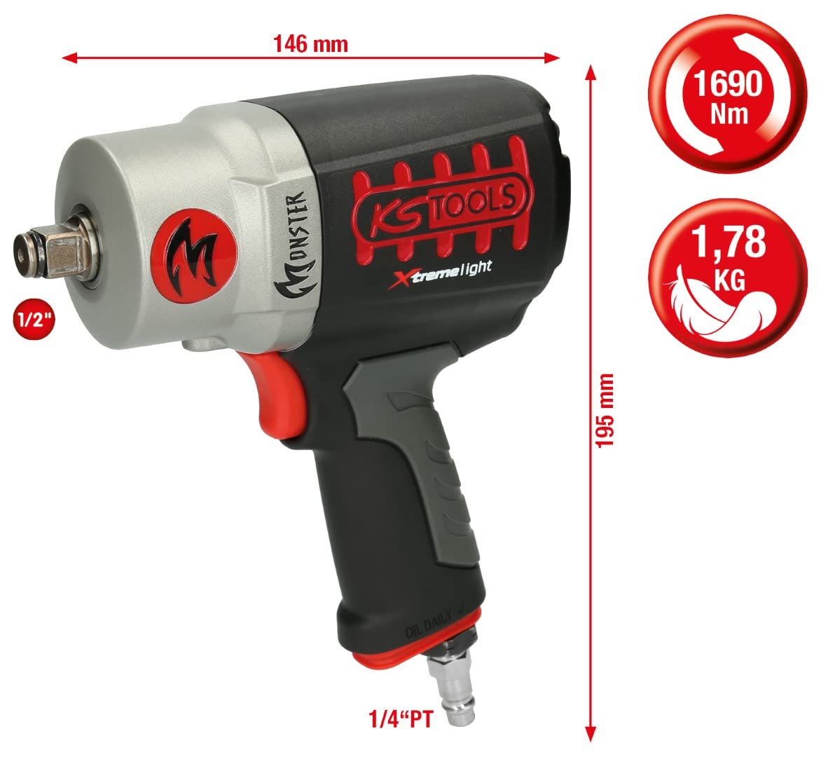 KS Tools 515.1095 Monster - Llave de impacto neumática de alto rendimiento (1/2", 1690 NM)
