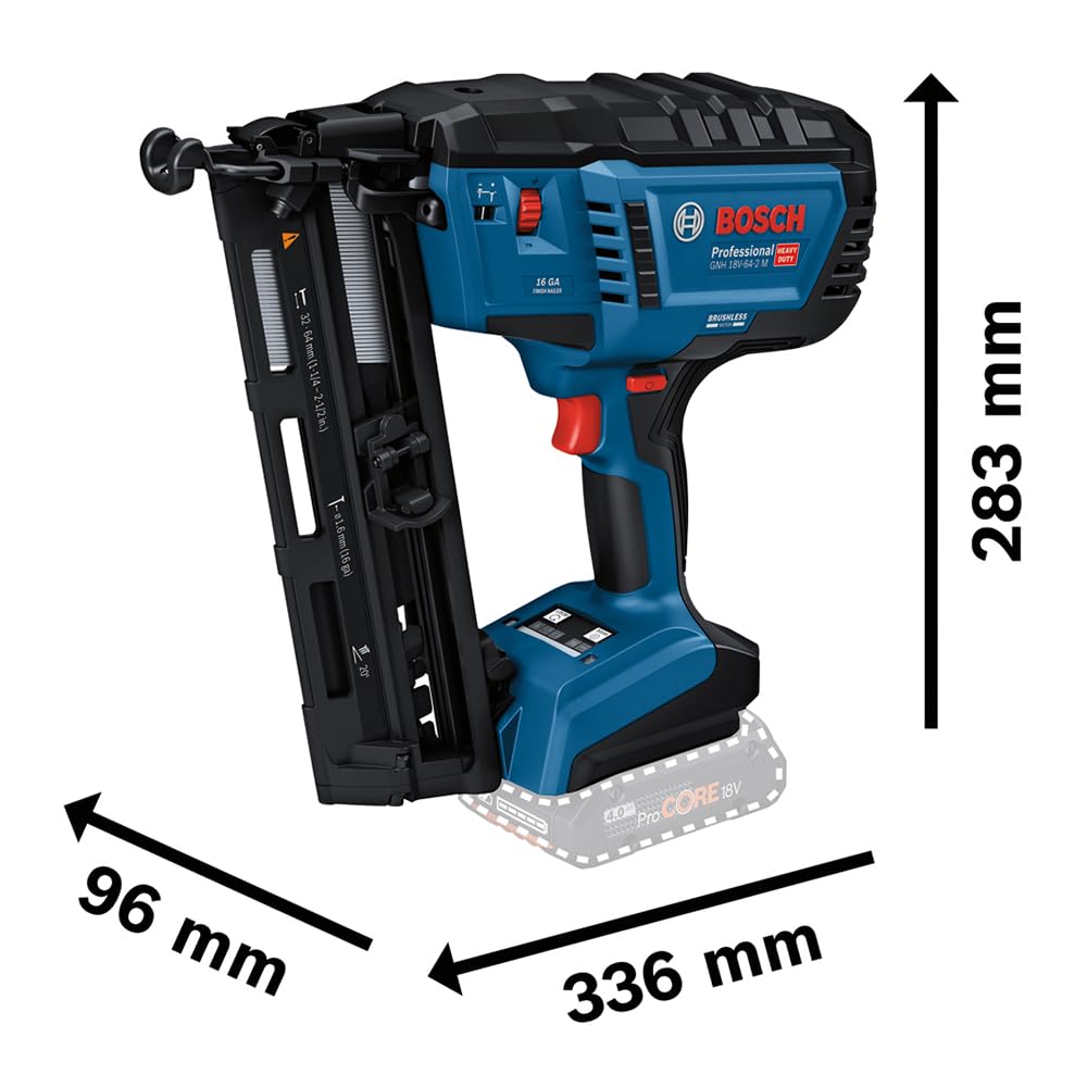 Bosch Professional 18V System clavadora madera batería GNH 18V-64-2 M (modo disparo impacto simple, apto para clavos: 32-64 mm, 1,6 mm y ángulo de clavado de 20°, sin baterías en L-BOXX)