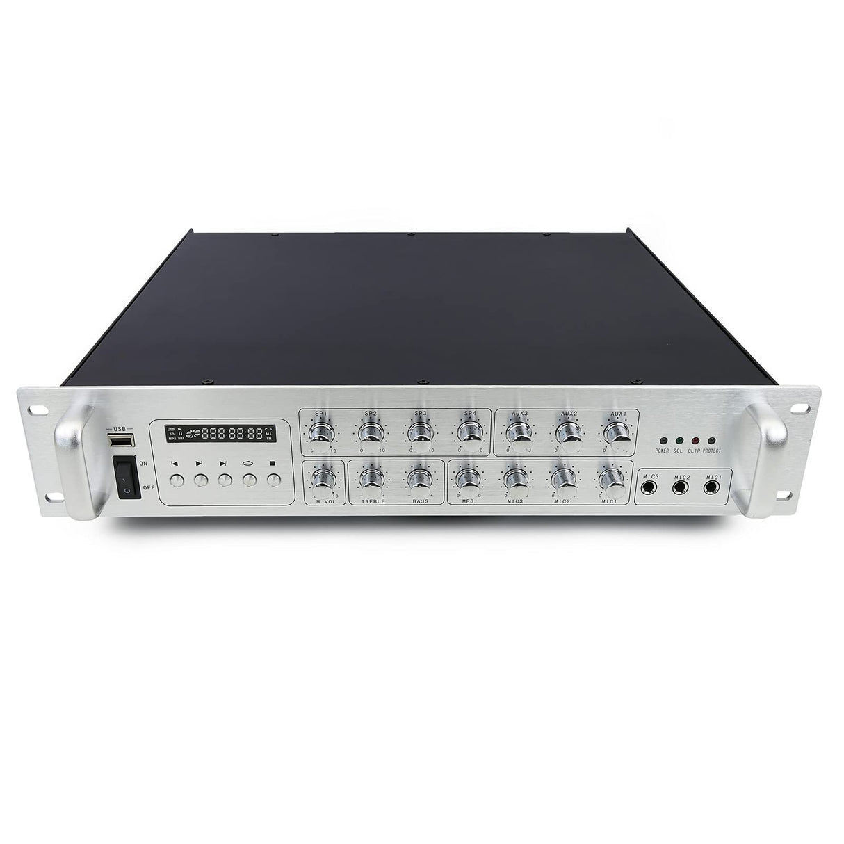 BeMatik - Amplificador para sonorización Profesional de 550W 110V 4 Zonas con Mic AUX MP3 Rack