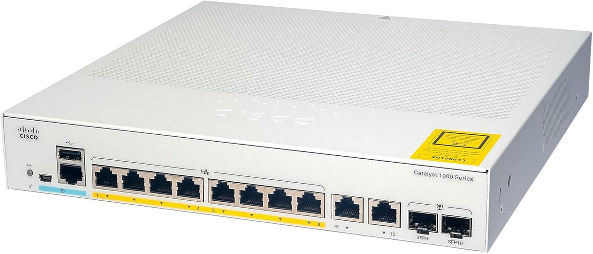 Cisco Switch de red Cisco Catalyst 1000-8FP-2G-L, 8 puertos GbE PoE+, asignación PoE de 120 W, 2 puertos combinados SFP/RJ-45 de 1 G, garantía limitada de por vida mejorada (C1000-8FP-2G-L)