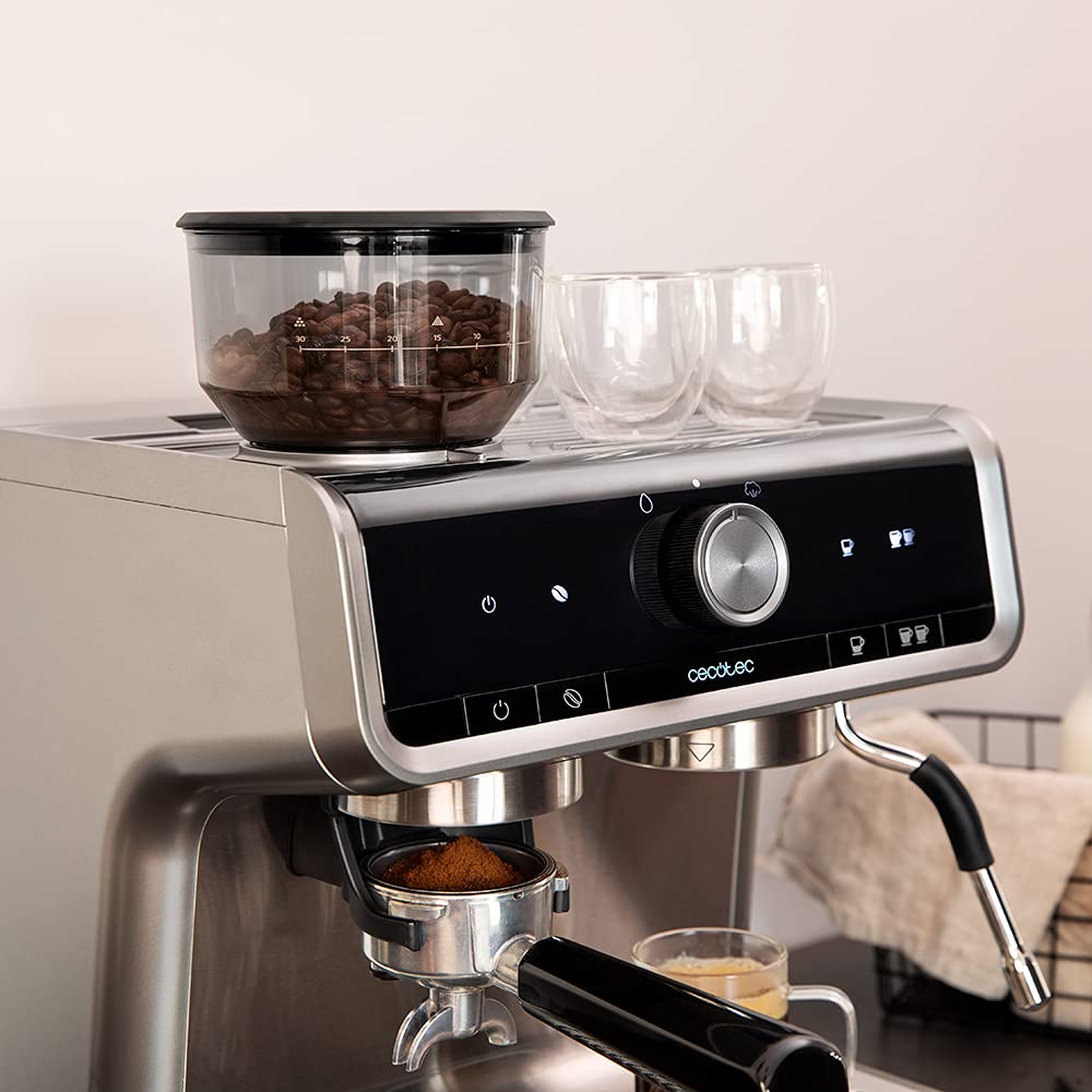 Cecotec Cafetera Express con Brazo con Doble Salida Power Espresso 20 Bares Barista Cream, 1550 W, Depósito de Café en Grano 250g, Molinillo 30 Niveles, Thermoblock, Depósito Agua 2.5 L, Acero Negro