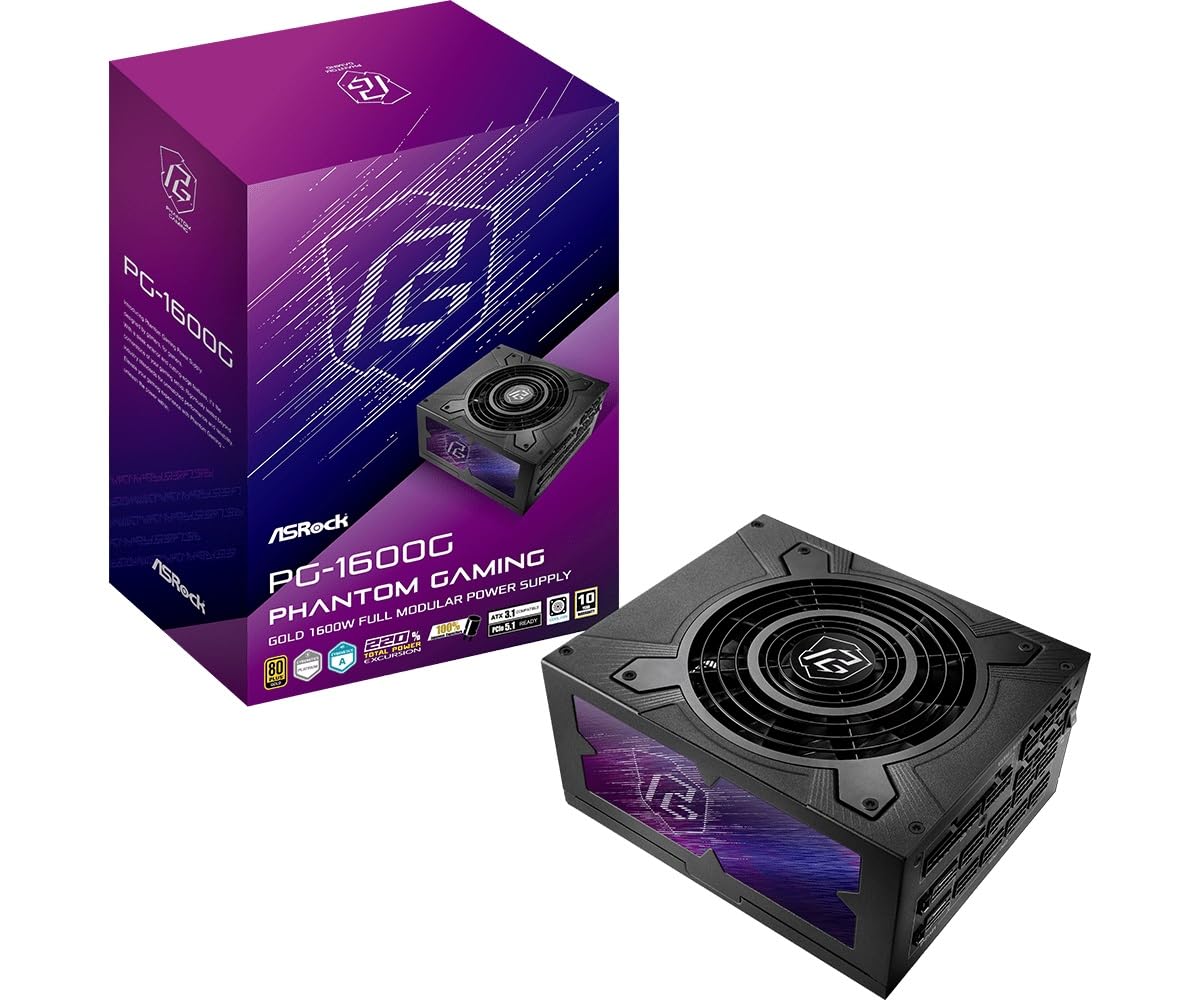 Fuente ALIMENTACION ASROCK PG-1600G,PSU,1600W,80 Plus Gold,135MM,Modular,PCI-E 5.1 (12+4pin) x2,PCI-E (6+2 Pin) x8,SATA (5 Pin) x12
