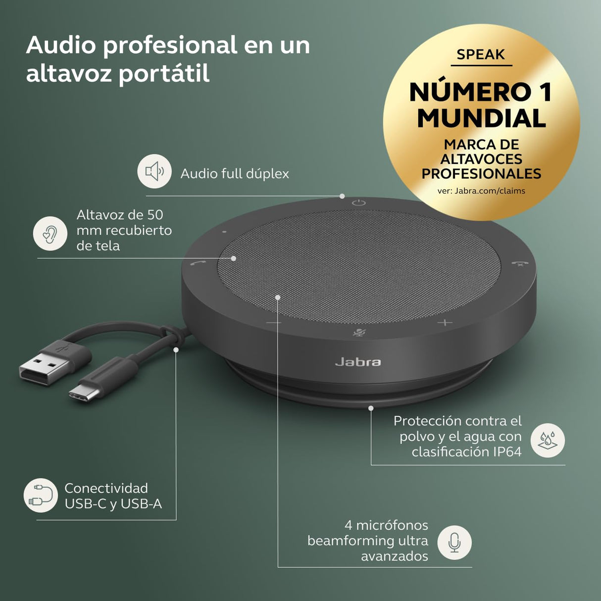 Jabra Speak2 40 Altavoz Portátil, 4 Micrófonos, Cancelación de Ruido, 50 mm de Alto Alcance, Audio de Banda Ancha y Conexiones USB-A y USB-C, Certificado para Zoom y Google Meet, Gris Oscuro