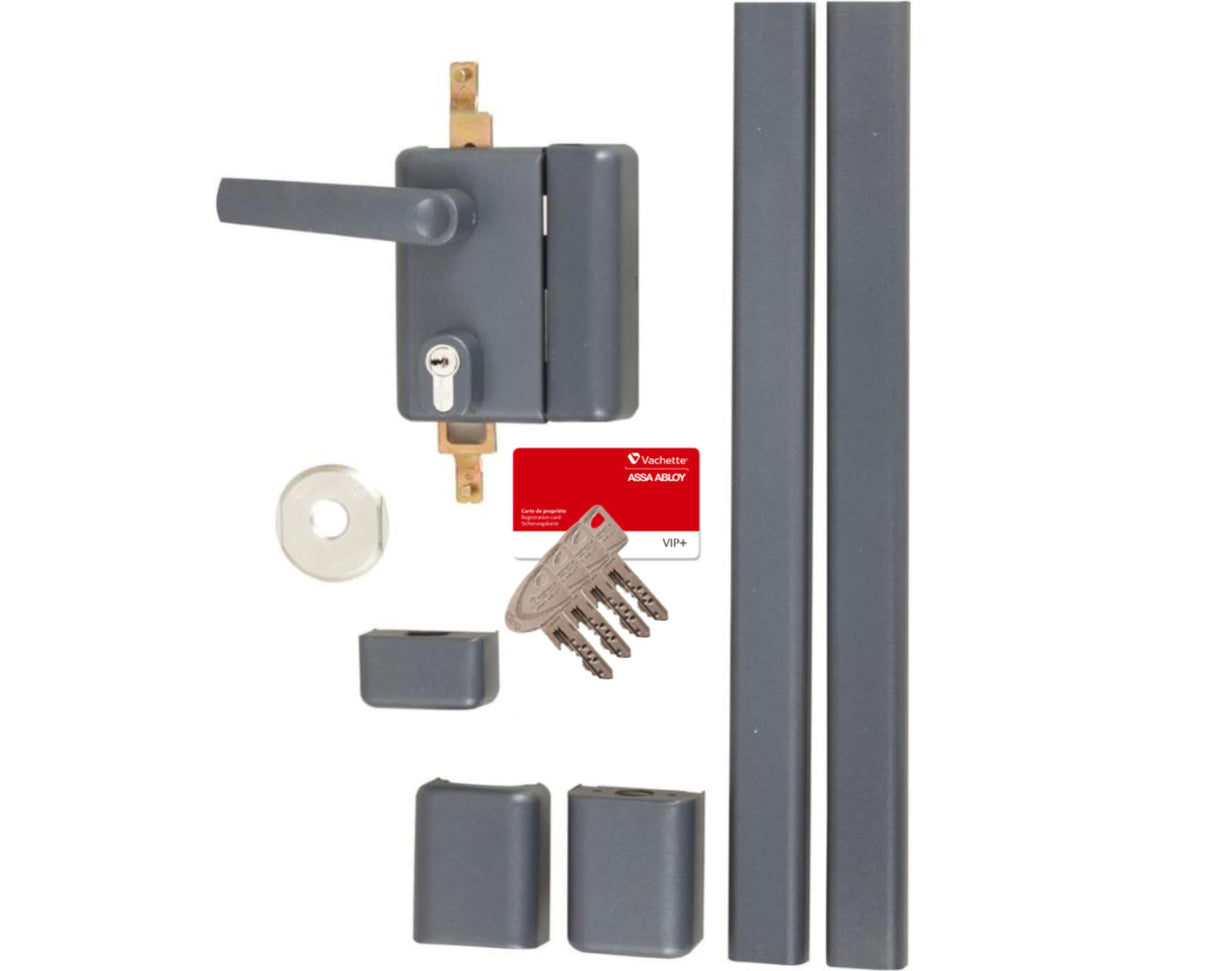 Vachette - Cerradura de aplique multipunto, vertical con asa, multiblinde serie 8800, tiro derecho, certificado A2P, alta seguridad, 3 puntos de cierre, 4 llaves VIP+ patentadas incluidas, gris