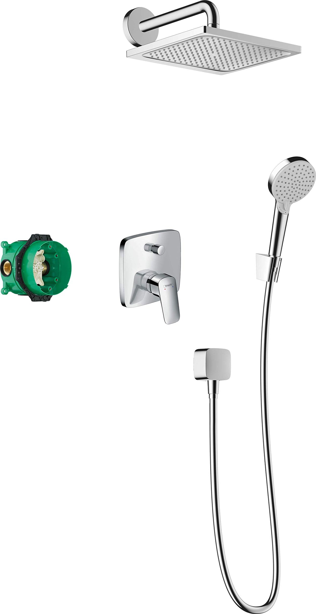 hansgrohe Crometta E - set de ducha empotrado, cabezal de ducha rectangular (240mm) con mezlador monomando de bañera, set básico, ducha de mano, toma de agua, soporte et flexo de ducha, cromo