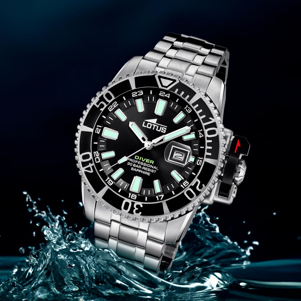 LOTUS Reloj Hombre Analógico de Acero Inoxidable 316l Plateado - Movimiento de Cuarzo - Calendario - Cristal Zafiro de Alta Resistencia - Resistente al Agua 30 ATM 18938/4 Diver
