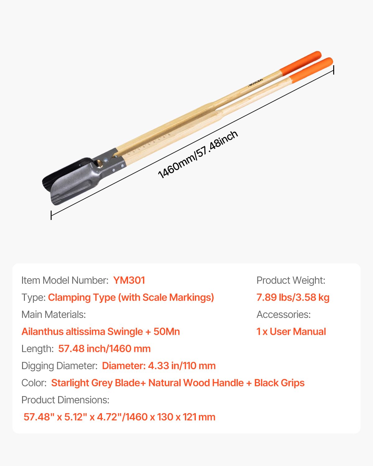 VEVOR Excavadora de Agujeros Manual para Postes Resistente con Mango de Madera de 1460 mm, Marcas de Escala y Hoja de Metal, Herramienta para Excavar Agujeros para Trabajo de Jardinería Al Aire Libre