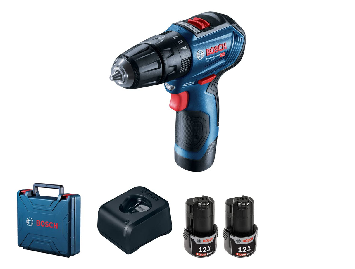Bosch GSB 12V-30 Atornilladores taladradores de percusión a batería (2× GBA 12V 2.0 Ah + GAL 12V-40, (Brushless))