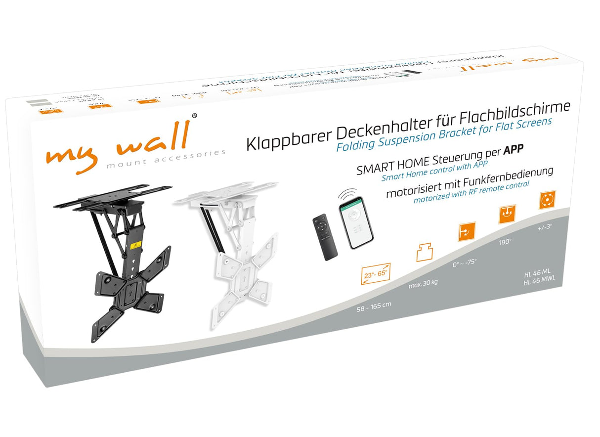 Mywall HL46MWL - Soporte de Techo para televisores motorizados y Plegables con Control Smart Home de 23 a 65 Pulgadas, Carga de hasta 30 kg con función giratoria de 180°