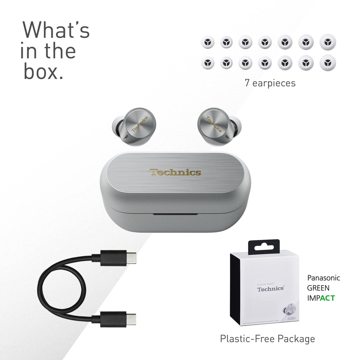 Technics EAH-AZ80E-S Auriculares Inalámbricos con Cancelación De Ruido, Bluetooth Multipunto 3 Dispositivos, Cómodos Intraurales, Carga Inalambrica, Plateado