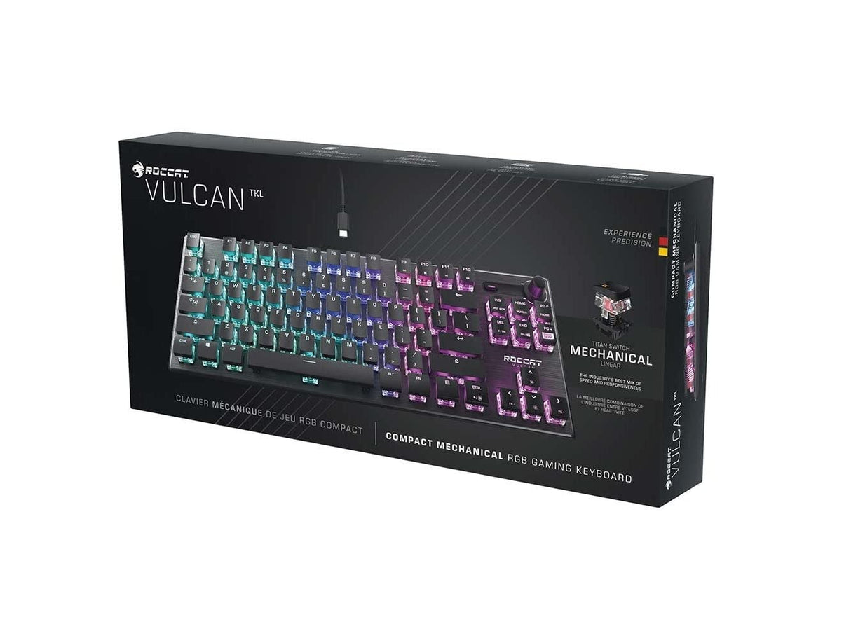 Roccat Vulcan TKL,Teclado lineal para juegos de PC, interruptor mecánico Titan con iluminación AIMO RGB por tecla, sin tenkeyless, diseño compacto, cable USB-C desmontable, color negro