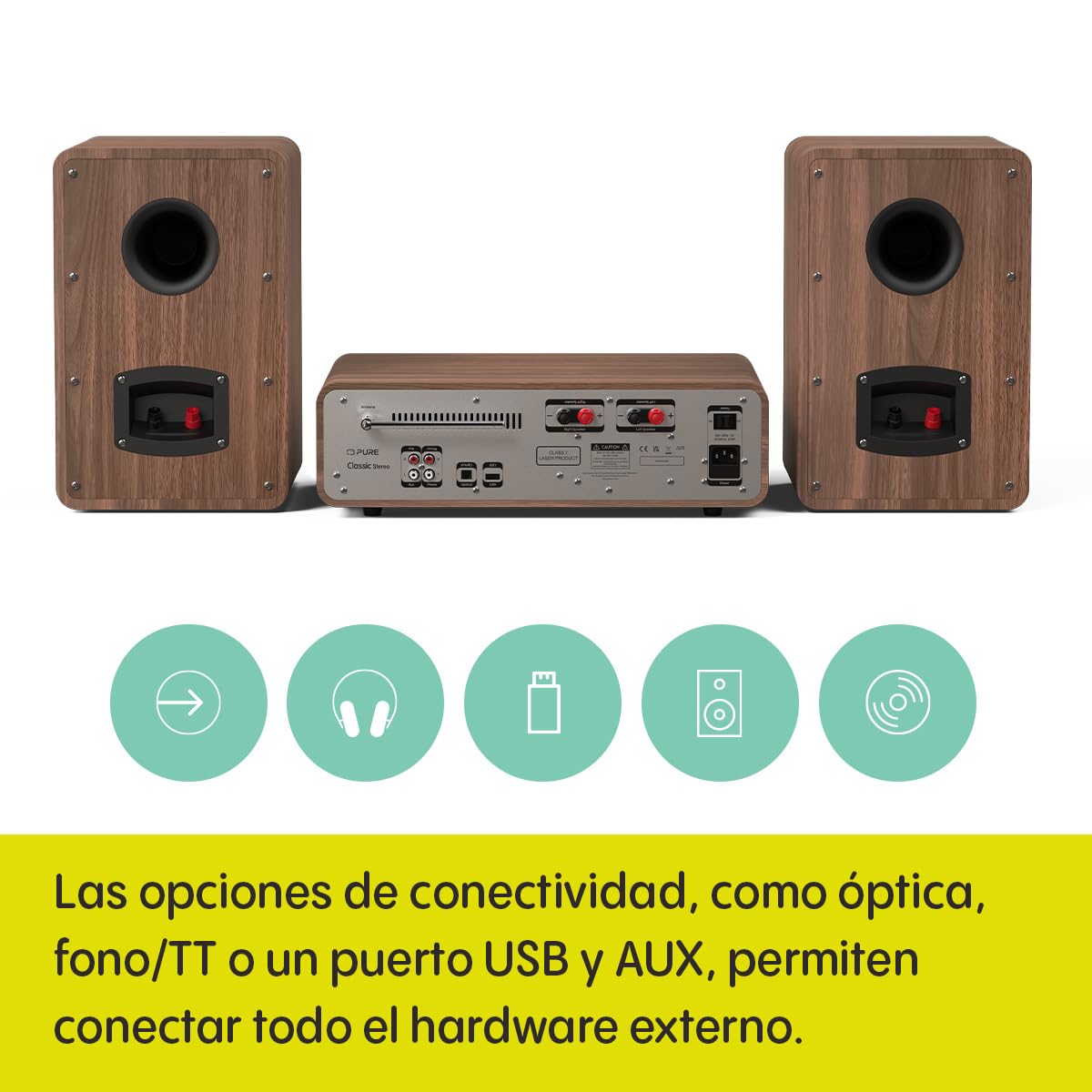Sistema de música HiFi estéreo clásico - Radio Internet, Dab+/FM, Bluetooth 5.2, Reproductor de CD, USB, Spotify Connect, AUX, Entrada óptica, Sonido Estéreo 100W - Coffee Black/Walnut