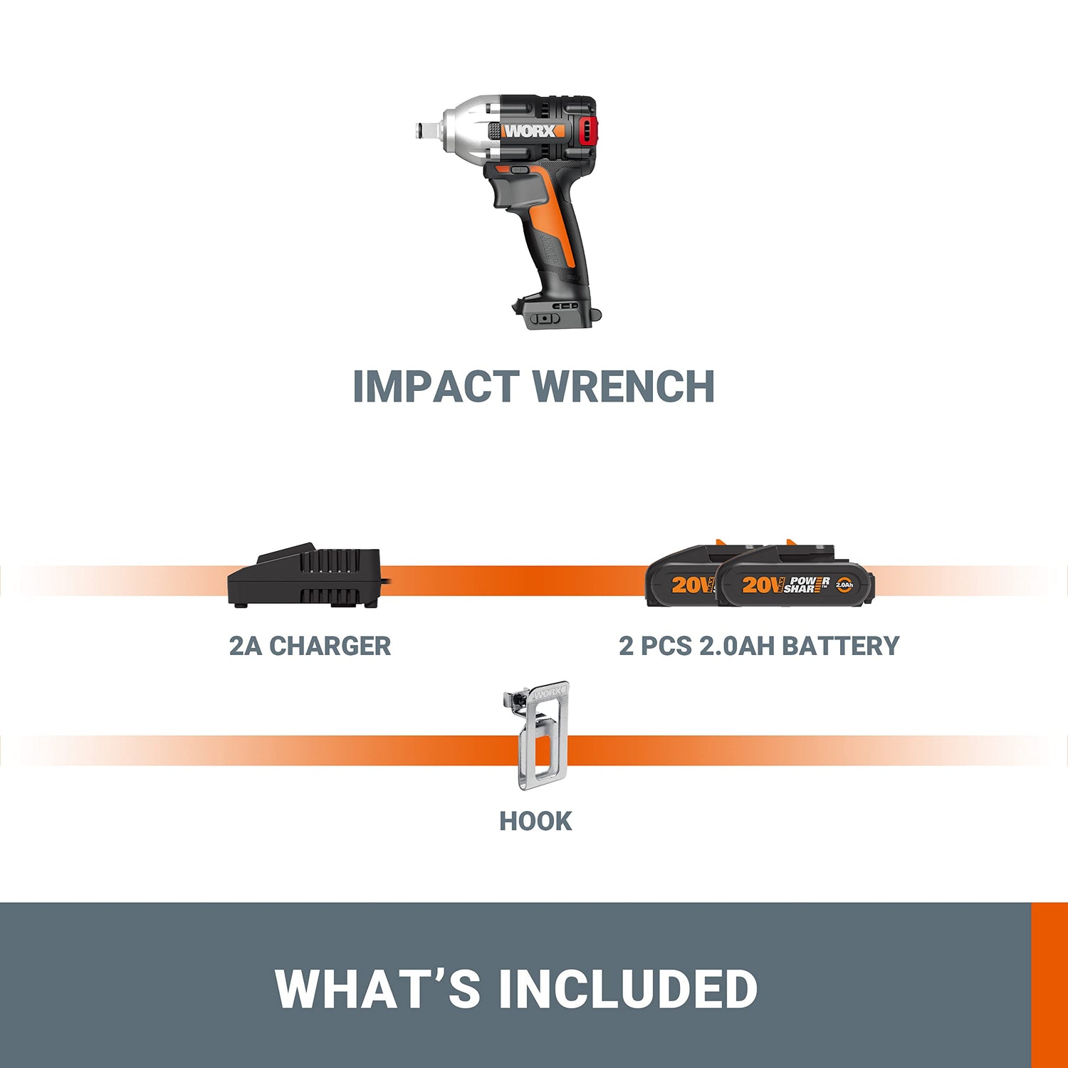 WORX Atornillador de Impacto Brushless 20V PowerShare | WX272-2 baterías | motor sin escobillas, 3 velocidades variables, Luz LED
