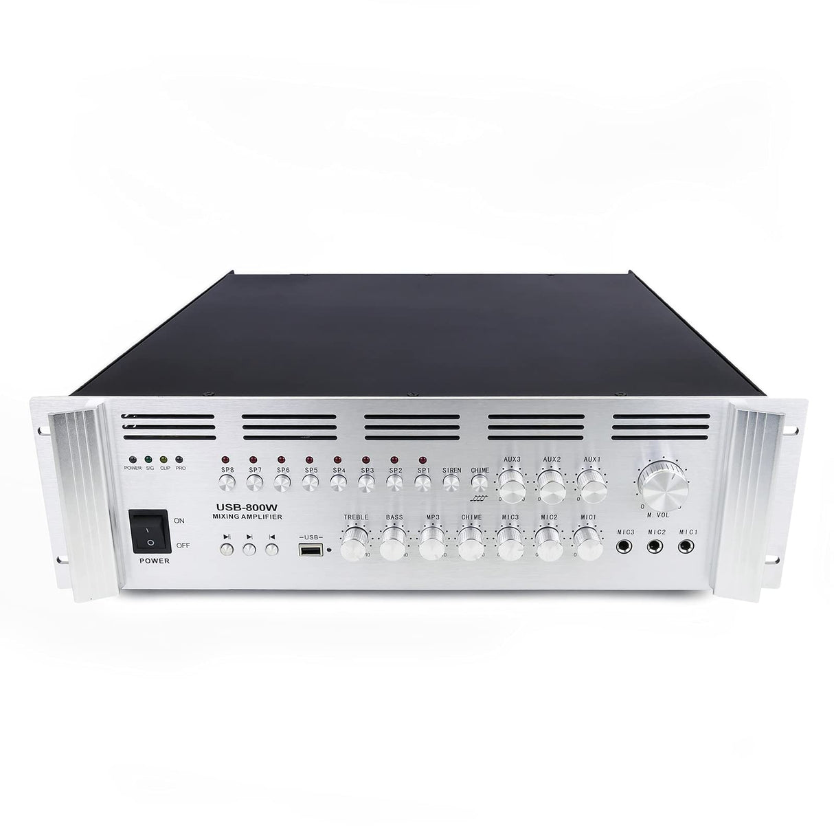 BeMatik - Amplificador para sonorización profesional de 800W 110V 8 zonas con MIC AUX MP3 rack