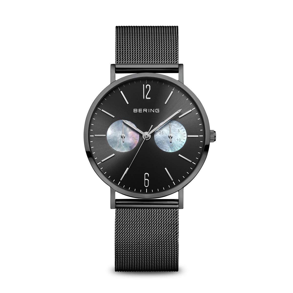 BERING 14236-123 Reloj de cuarzo para mujer de 36 mm con caja de acero inoxidable con acabado negro y esfera negra, correa milanesa, cristal de zafiro y resistencia al agua de 3 ATM