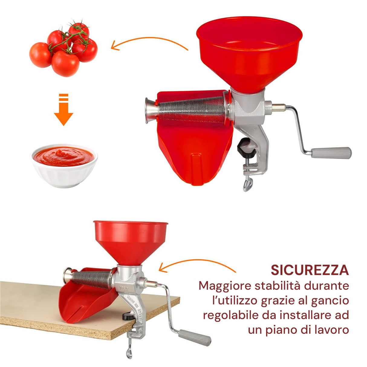 Wintem Exprimidor manual rojo 45 × 28,5 × 37 cm – Hecho de hierro fundido y acero inoxidable es resistente y duradero – Hélice eje tomate de resina acetálica resiste más de 220 °C – Fijación con