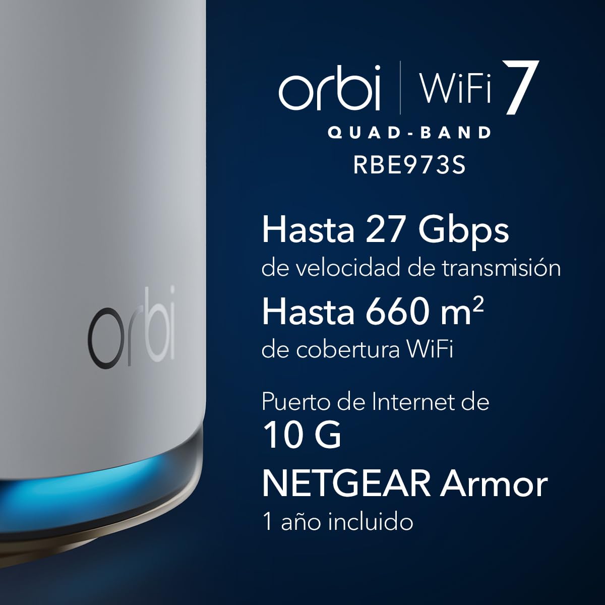 NETGEAR Orbi Mesh WiFi 7 de Banda cuádruple Orbi Serie 970 (RBE973S)|Router + 2 satélites|Cobertura de hasta 660 m2|200 Dispositivos|Puerto de Internet de 10 G, BE27000 ( 27 Gbps)