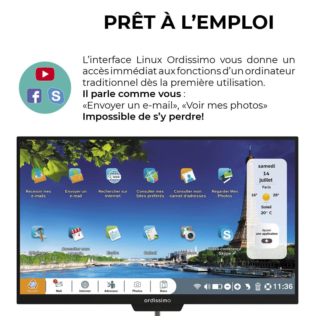 Ordissimo - Computadora de Escritorio Todo en uno Clara 2 para Personas Mayores - Fácil de Usar - Interfaz intuitiva - Pantalla de 23,8 Pulgadas - Gran Capacidad de Almacenamiento - Teclado y Mouse