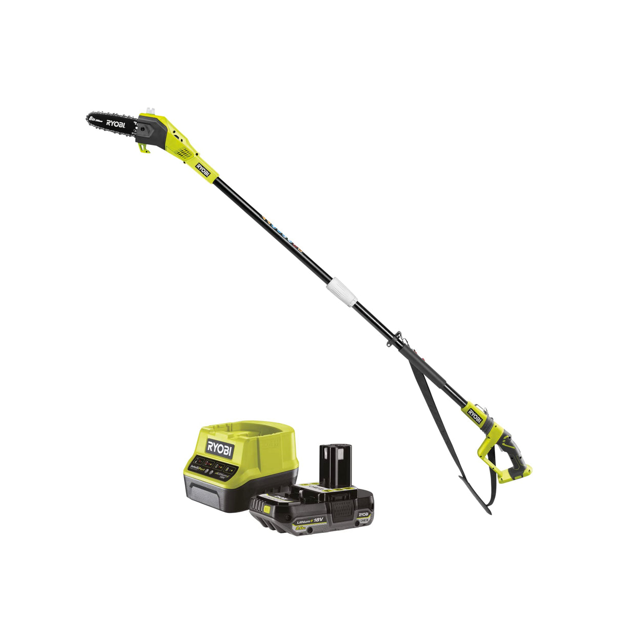 RYOBI ONE+ 18V Podadora de altura telescópica RPP182020 – Espada 20 cm, 5,5 m/s, cabezal 30°, lubricación automática – Kit con batería 2,0 Ah y cargador (alcance hasta 3 m)