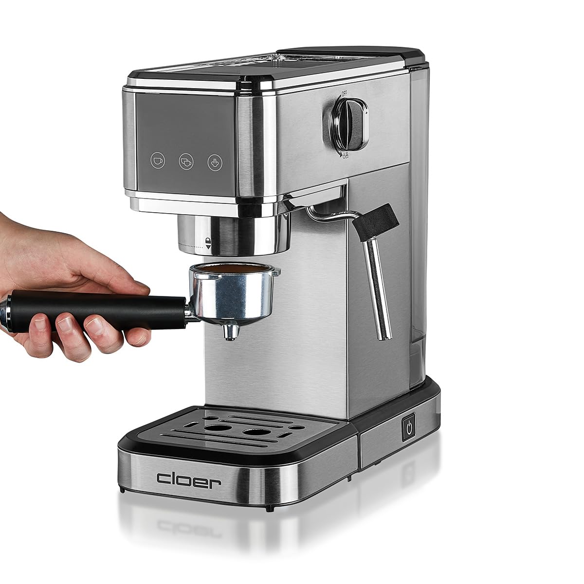 Cloer 5829 Máquina de café espresso, Cafeterea espresso con espumador de leche, 20 bares, 1350W, Diseño delgado, 1-2 tazas espressos, cappuccinos, latte macchiato, Apagado de seguridad
