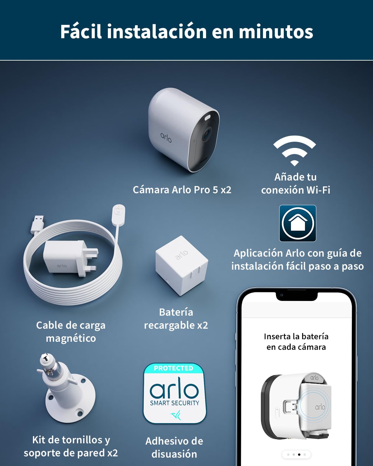 Arlo Pro 5 Camara de Vigilancia WiFi Exterior 2K, Camara Vigilancia WiFi Interior, Sensor de Movimiento, Alarmas para Casa, Visión Nocturna Color, Prueba Secure Incluida, 2 Cámaras, Blancas