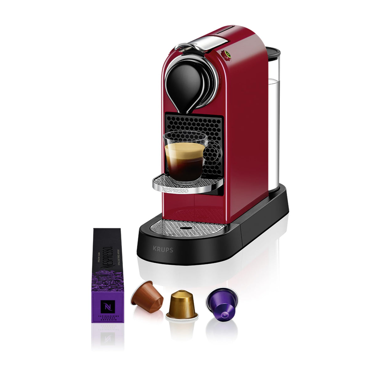 Krups Nespresso Citiz XN7415 - cafetera de cápsulas monodosis, con 19 bares de presión, thermoblock, función automática con botones retroiluminado, color granate, modo Eco, Incluye kit bienvenida