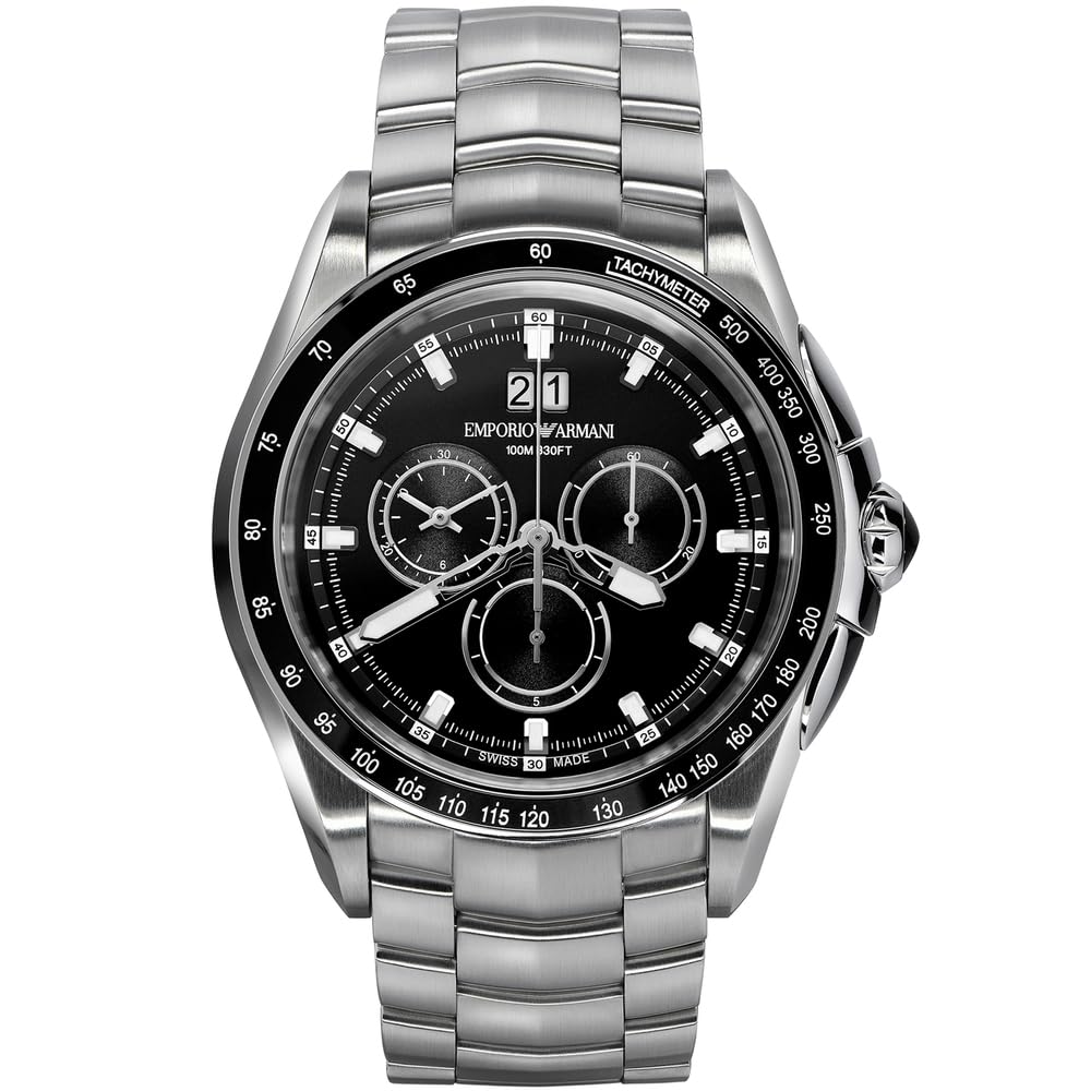 Emporio Armani Reloj Suizo para Hombre, Movimiento cronógrafo, 44mm Plata / Acero Caja de acero inoxidable con una correa de acero inoxidable, ARS9100