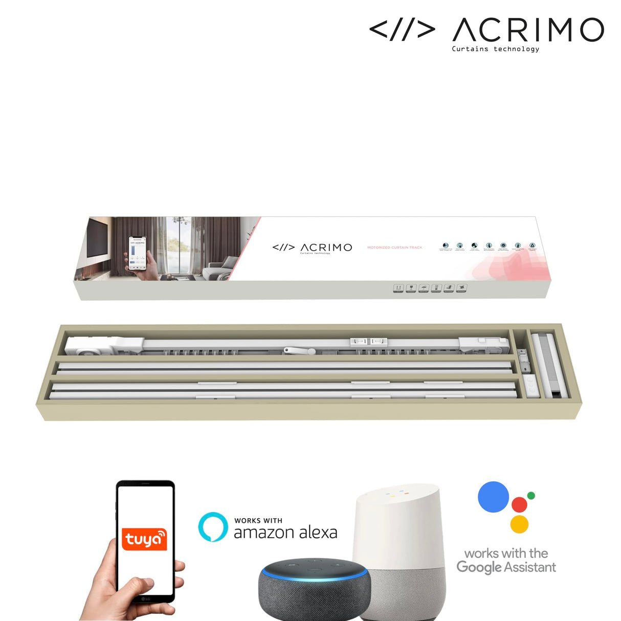 ACRIMO Riel de Cortina Motorizado, Kit de Riel Inteligente con Motor WiFi y Control Remoto, Compatible con Google Home, Alexa, y la App Móvil Tuya Smart, Largo hasta 6 Metros