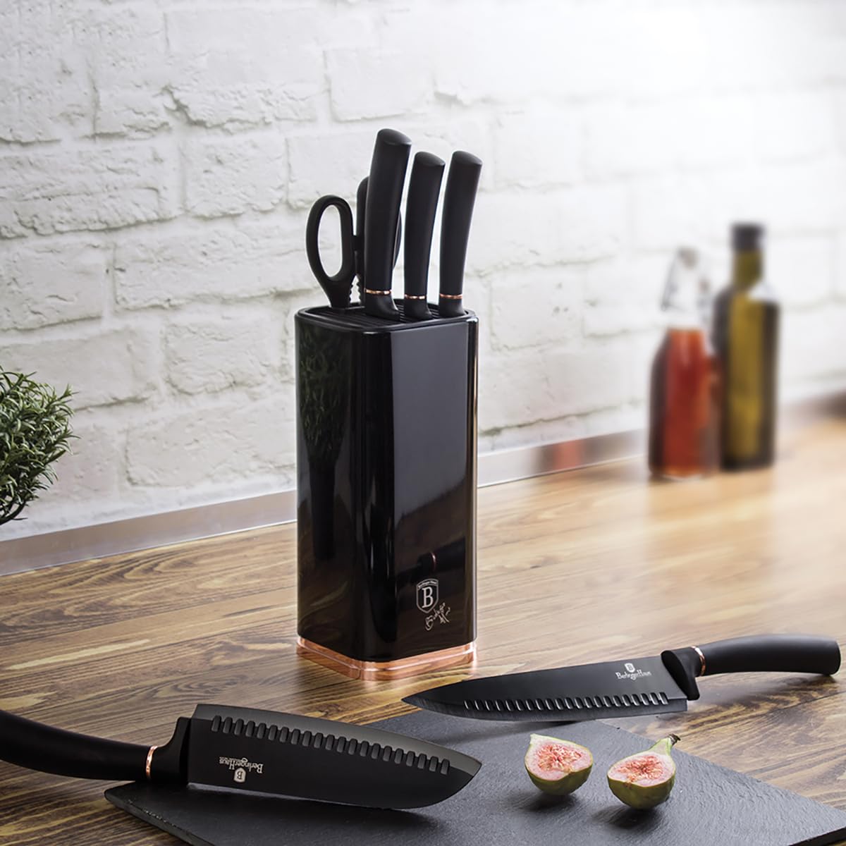 6 piezas. BERLINGER HAUS BH-2422 - Juego de cuchillos de cocina con soporte, color negro y rosa