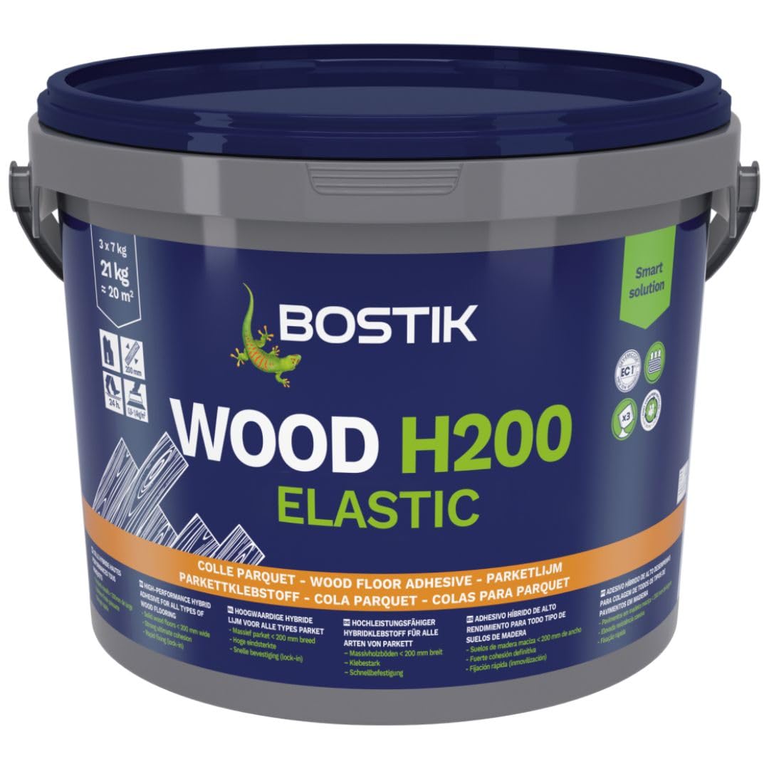 BOSTIK WOOD H200 ELASTIC-P Beige, Adhesivo Híbrido Universal Elástico para Madera, Agarre de Alta Succión, sin Imprimación Previa, Aplicable en Suelos Radiantes, Interior, Bote 21 kg (3 uds de 7 kg)