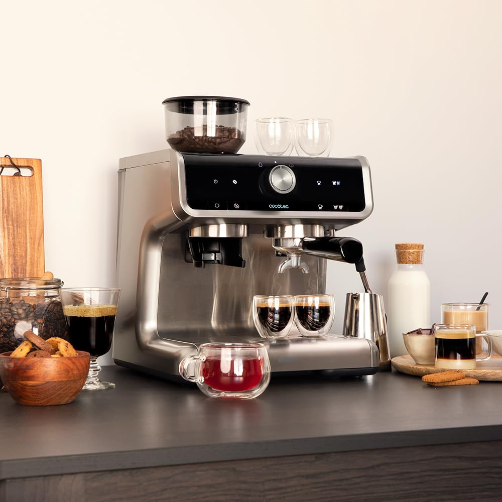 Cecotec Cafetera Express con Brazo con Doble Salida Power Espresso 20 Bares Barista Cream, 1550 W, Depósito de Café en Grano 250g, Molinillo 30 Niveles, Thermoblock, Depósito Agua 2.5 L, Acero Negro