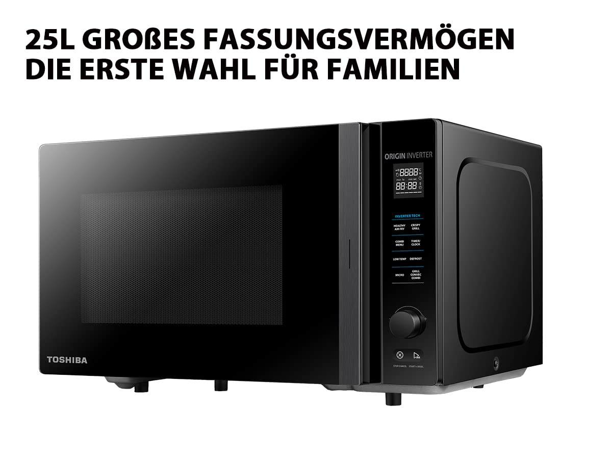 Toshiba MV-TC25T(BK) - Microondas 4 en 1 con freidora de aire caliente, tecnología Origin-Inverter, interior esmaltado fácil de limpiar, 25 L, 2100 W, color negro