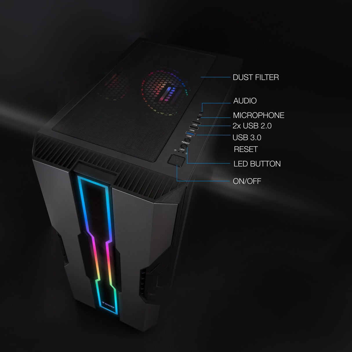 Caja semitorre Gaming Negra con ventilación optimizada, diseño RGB, Espacio para múltiples Discos Duros, Ideal para Gamers y Montaje de PC.