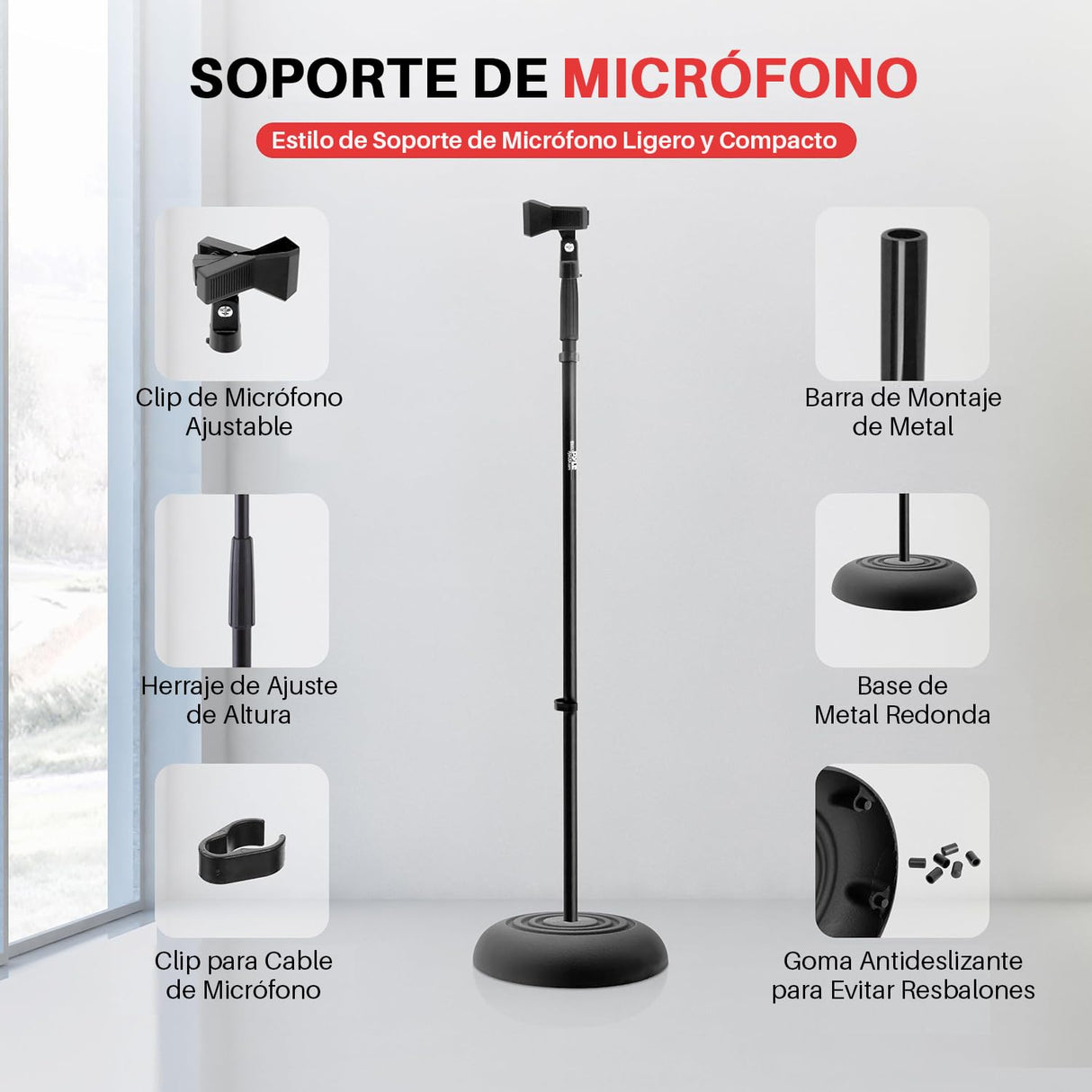 PYLE Pie de micrófono, Soporte de base redonda, Resistente, Compacta. (Par de 2 piezas) Altura ajustable (85 a 152 cms)