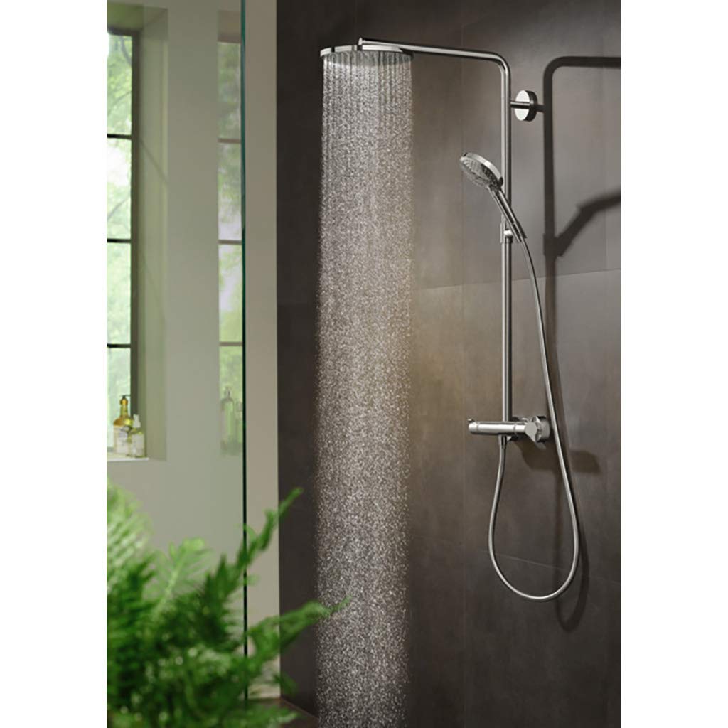 hansgrohe Raindance Select S - sistema de ducha con termostato, ducha lluvia (⌀ 240 mm) con grifo, ducha de mano (2 tipos de chorro), flexo, barra, ducha fija redondo (1 chorro), cromo, 27633000