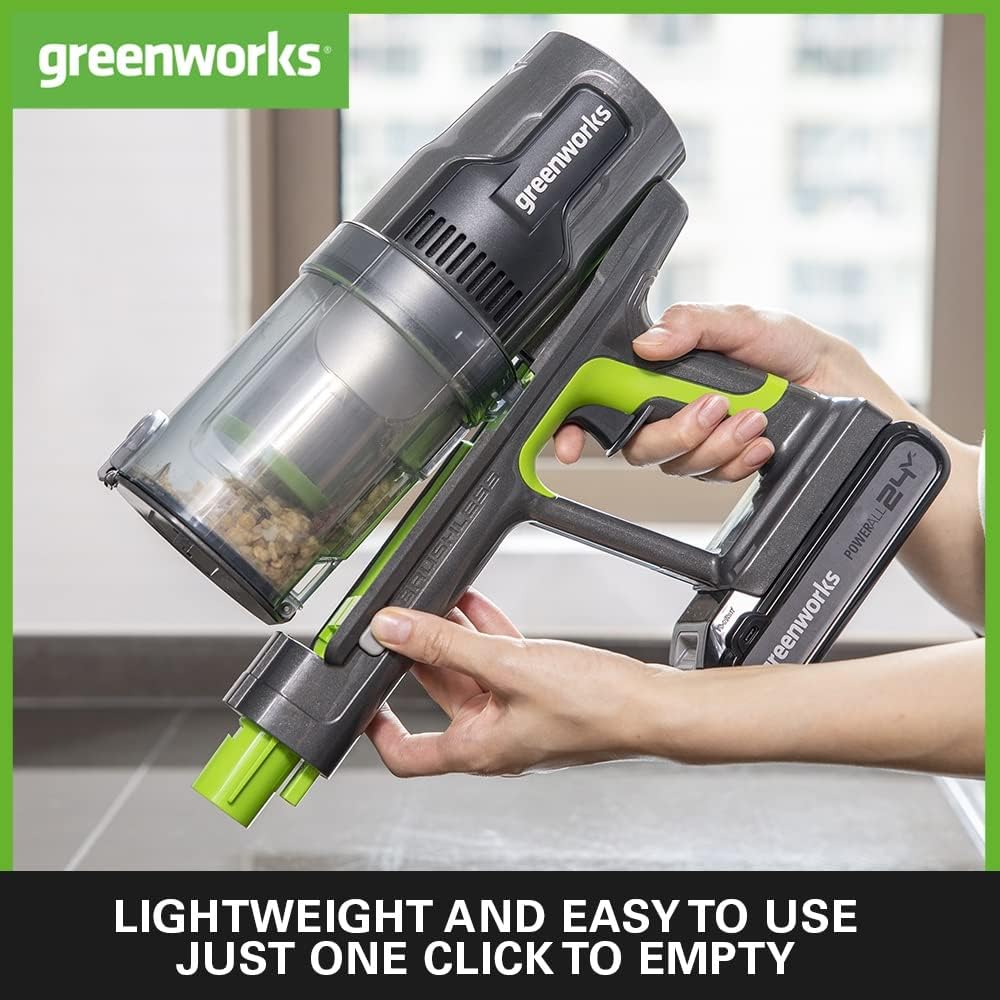 Greenworks GD24SVK4D Aspiradora sin Cable Lujosa, Succión Alta Potencia, Filtro HEPA, Pelo de Mascotas, Potencia 3 Niveles,Cargador de Pared, Garantía 3 Años