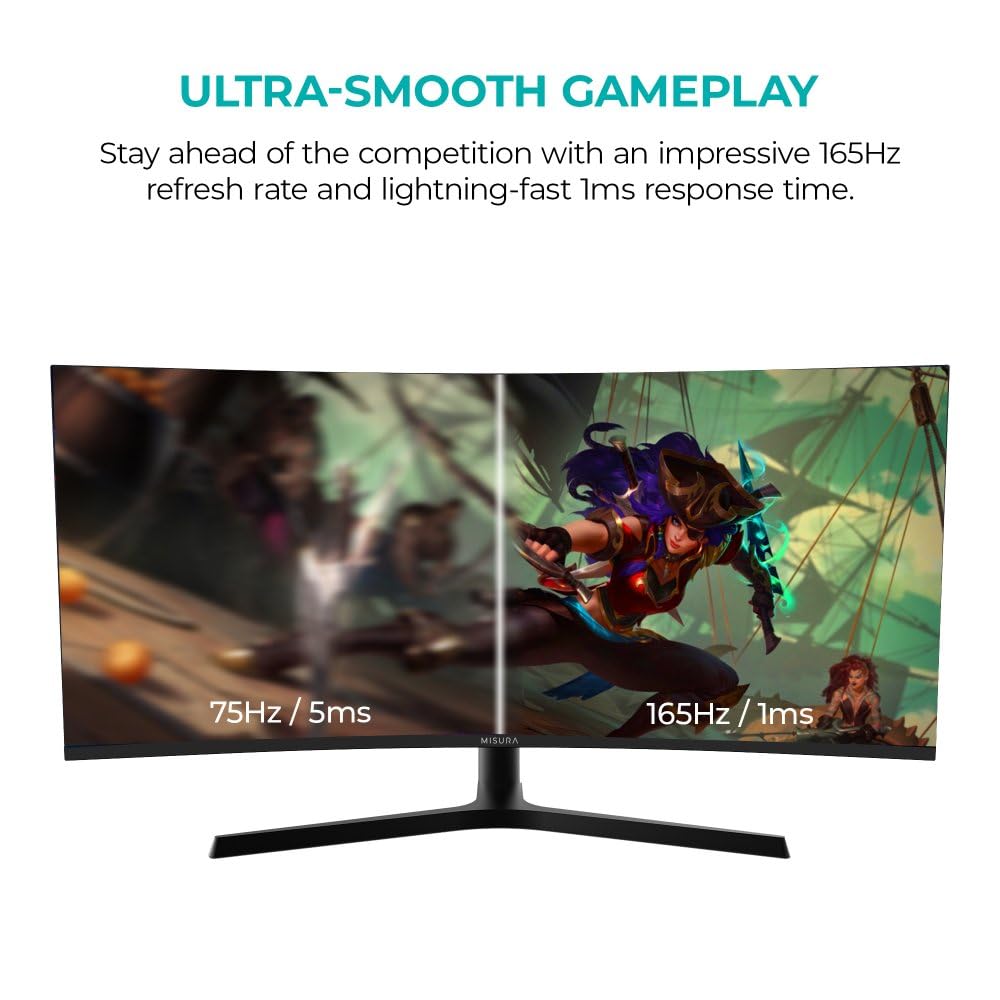 MISURA | Monitor Gaming 34" Curvo | 165 Hz | UW QHD, 21:9 | 1ms | HDR | FreeSync, GSync, Overdrive, Flicker Free | HDMI*2, DP | 4000:1 | Pip & PBP | Luz de respiración RGB | VESA - EG34RWA