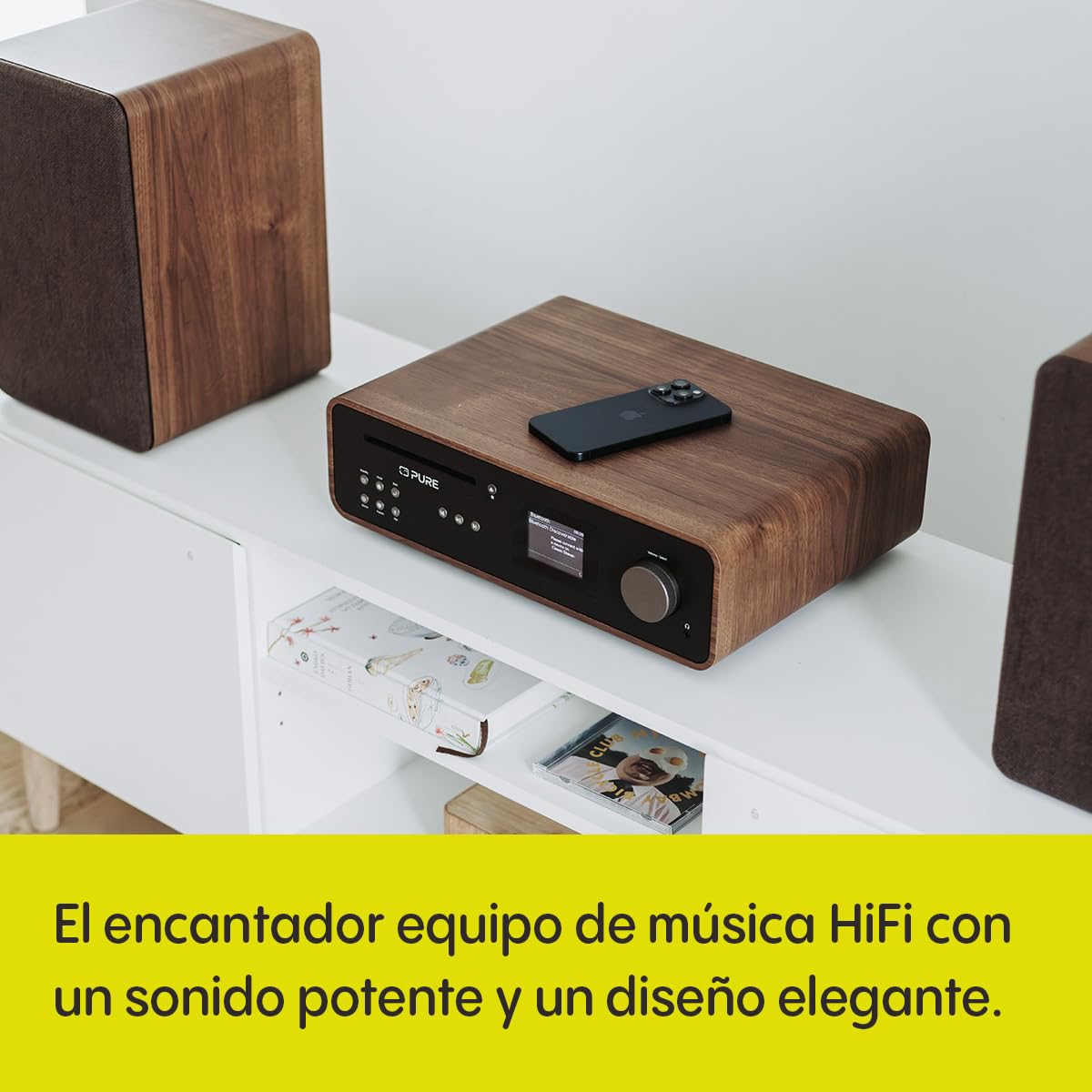 Sistema de música HiFi estéreo clásico - Radio Internet, Dab+/FM, Bluetooth 5.2, Reproductor de CD, USB, Spotify Connect, AUX, Entrada óptica, Sonido Estéreo 100W - Coffee Black/Walnut