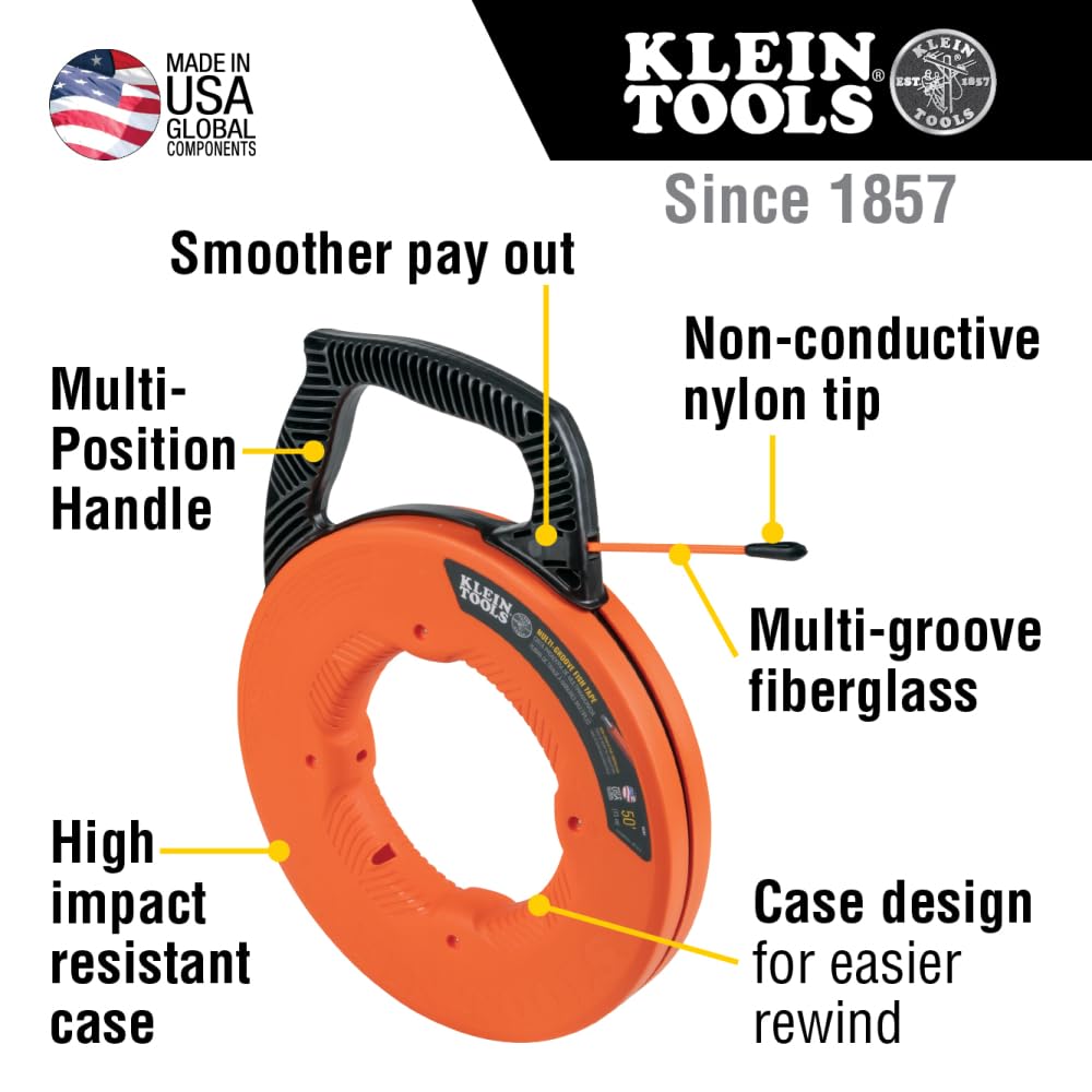 KLEIN TOOLS 56383 Cinta de pescado, extractor de alambre de fibra de vidrio multiranura con punta de nailon, carcasa y mango optimizados, 100 pies, naranja/negro