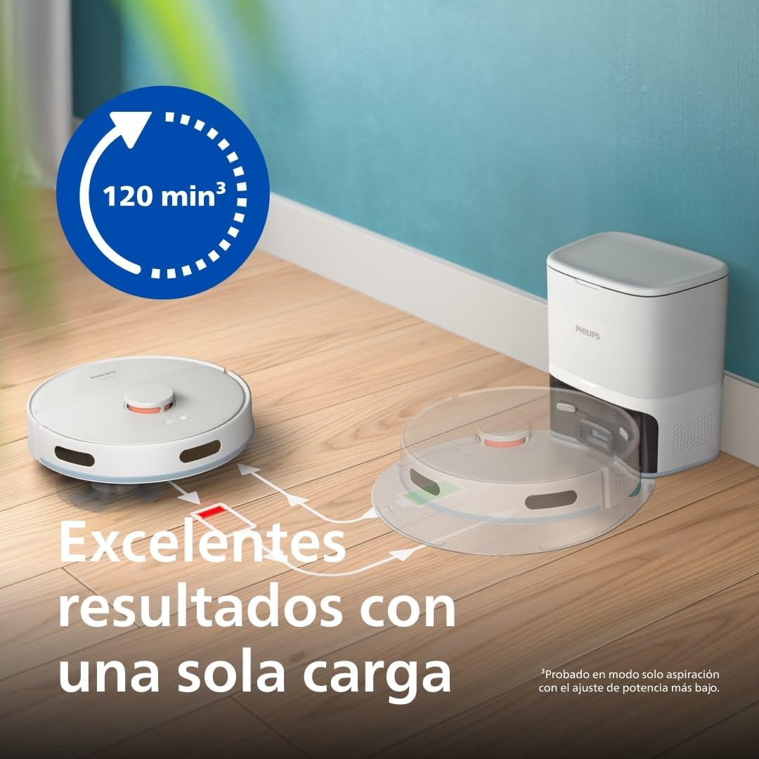 Philip Homerun 2000 - Robot Aspirador y friegasuelos - Potencia Extra Fuerte, potenciador para alfombras, Radar LDS, estación de autovaciado de 70 días, aplicación Homerun, Blanco Ártico (XU2100/25)