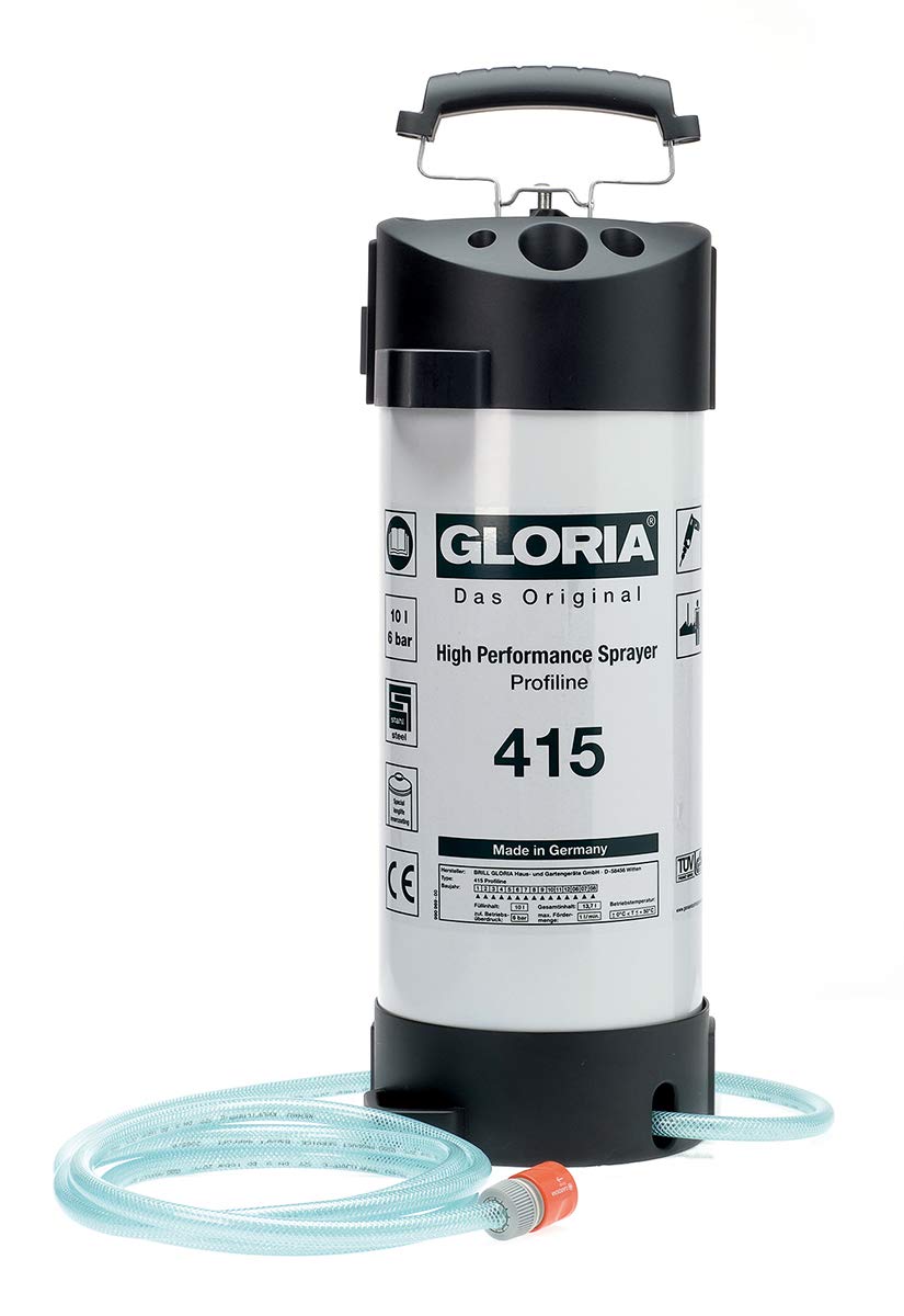 Gloria 415 Nebulizador profesional 10 l – Depósito de acero para suministro de agua en obras, manguera textil de 3 m, presión hasta 6 bar, con acoplamiento rápido