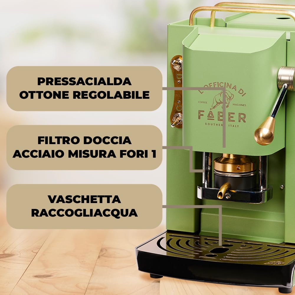 Cafeteras Faber modelo Pro Deluxe, cafetera en monodosis ESE 44 mm, acabado con revestimiento de latón, prensa de cápsulas ajustable de latón, electroválvula estándar (verde neón)