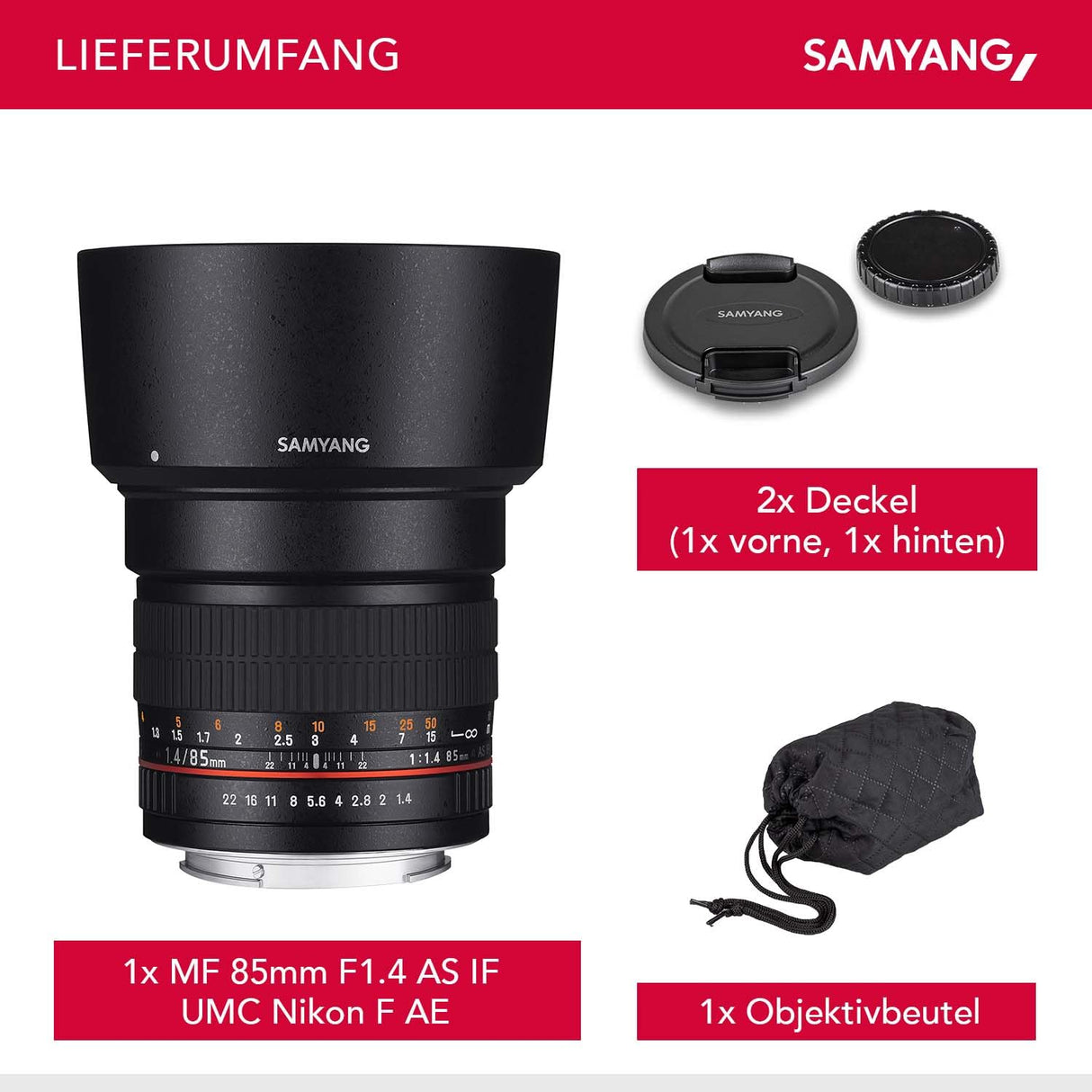 Samyang F1111203102 - Objetivo fotográfico DSLR para Nikon F Ae (Distancia Focal Fija 85mm, Apertura f/1.4-22 AS IF UMC, diámetro Filtro: 72mm), Negro