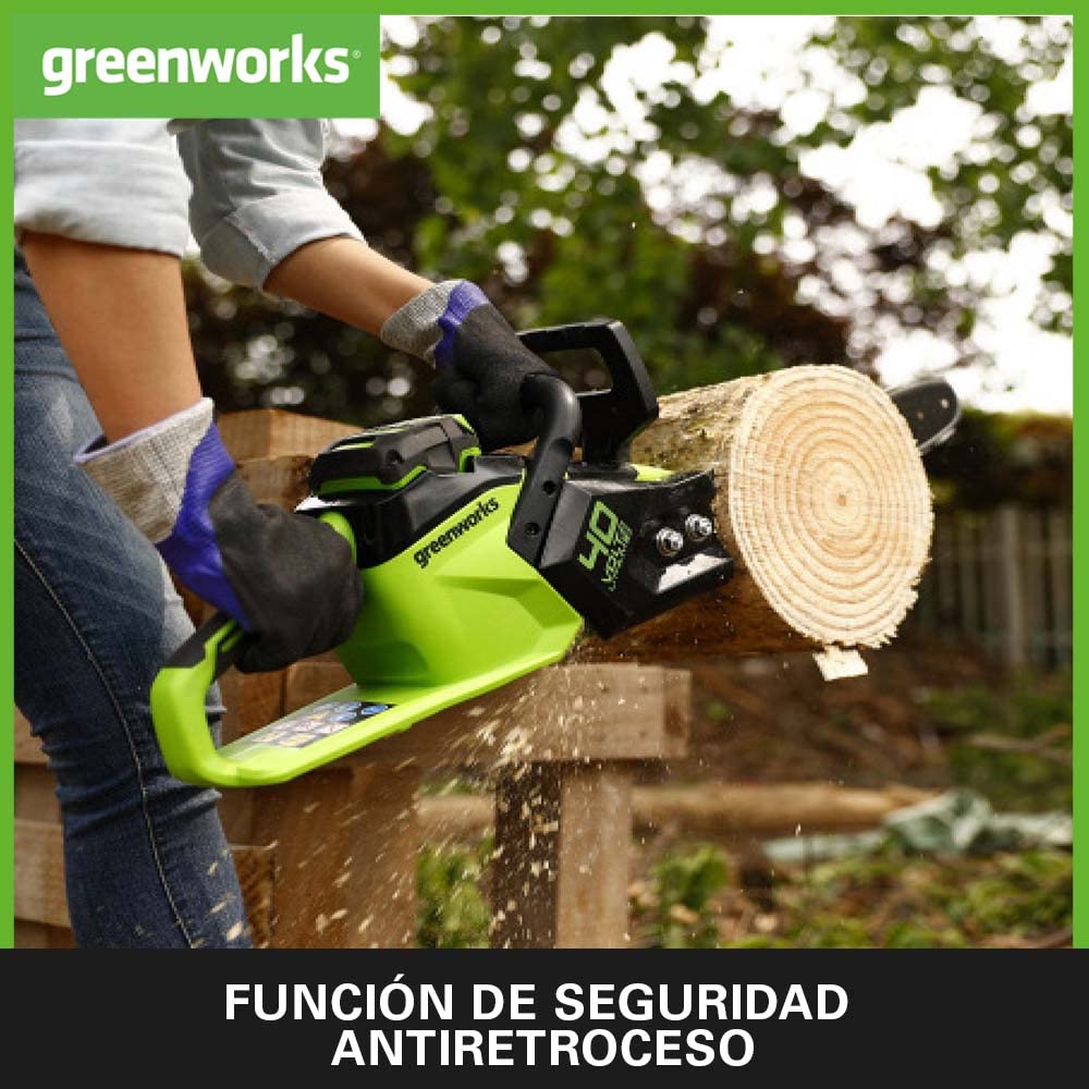 Greenworks GD40CS15K2X Motosierra a Batería, Motor sin Escobillas, Largo de Barra 14 Pulgada (35cm), Velocidad de Cadena 12 m/s, 3,5 kg, Protección de Retroceso, 2 x Baterías 40V 2Ah y Cargador