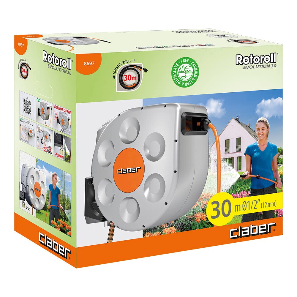 Claber Rotoroll Evolution 30 m, Soporte portamanguera automático para montaje mural provisto de Slow Rewind