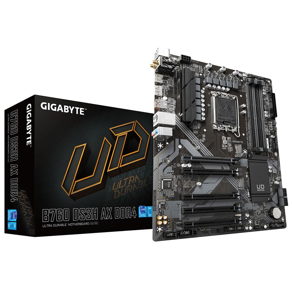 GIGABYTE B760 DS3H AX DDR4 Placa Base - Compatible con procesadores Intel Core de 14ª generación, VRM digital de 8+2+1 fases, hasta 5333MHz DDR4 (OC), 2x PCIe 4.0 M.2, Wi-Fi 6E, GbE LAN, USB 3.2 Gen 2
