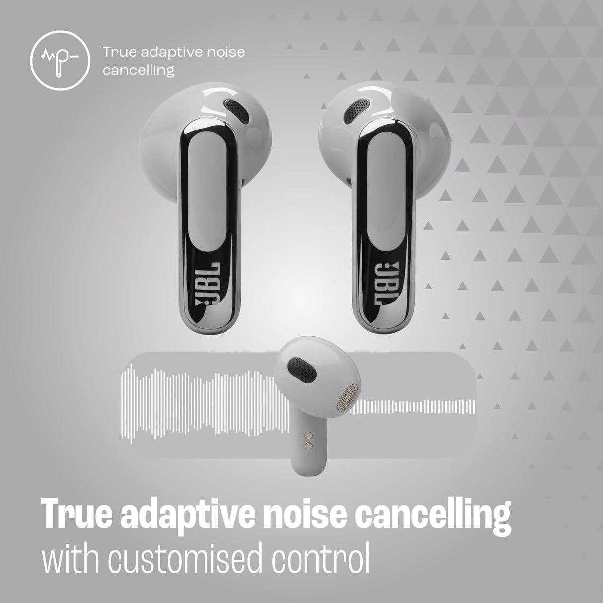 JBL Live Flex 3 Auriculares inalámbricos de botón True Wireless con cancelación de ruido adaptable, hasta 50 horas de reproducción, Bluetooth, audio de alta resolución, plateado