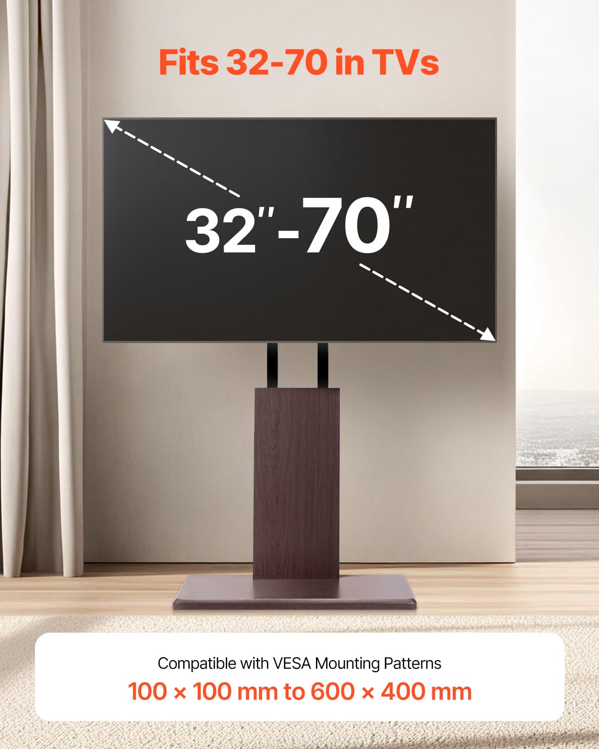 VEVOR Soporte de TV de Escritorio para Televisores de 812,8-1778 mm de hasta 45 kg, Rotación de 15° a la Izquierda y a la Derecha, Soporte de TV con Altura Ajustable y Estante para Sala de Estar