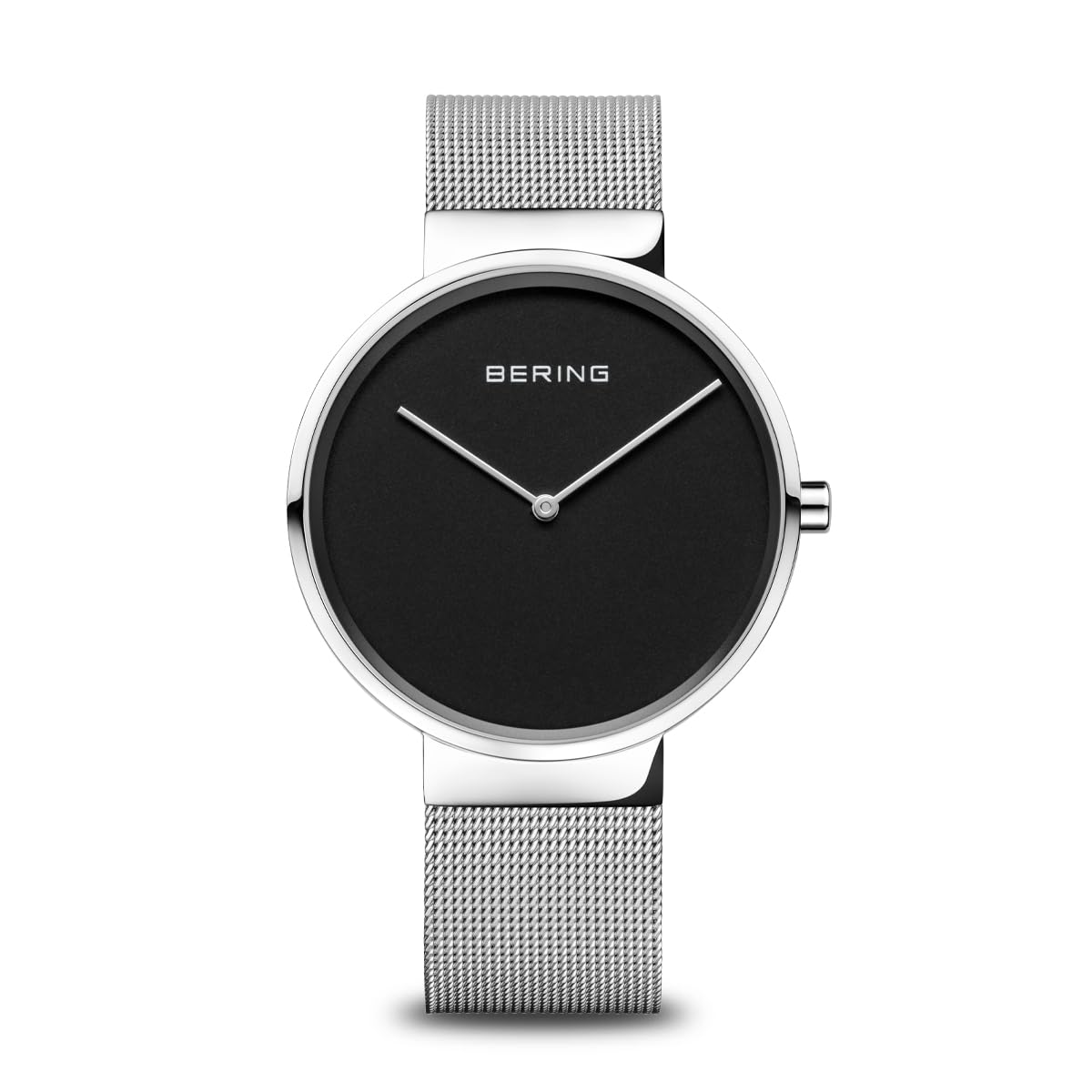 BERING 14539-002 Reloj de Cuarzo Unisex con Caja de Acero Inoxidable Plateado de 39 mm y Esfera Negra, Correa milanesa, Cristal de Zafiro y Resistencia al Agua de 5 ATM